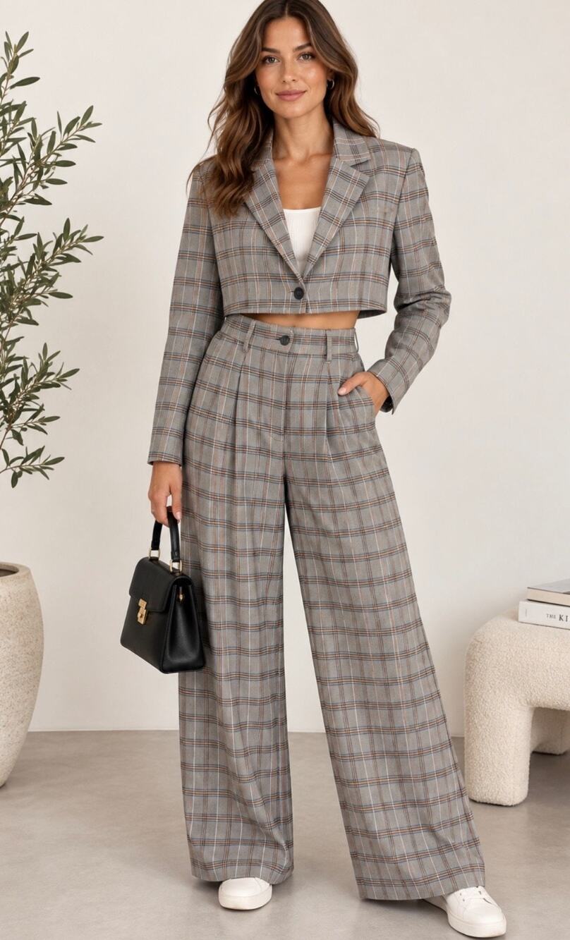 For Love & Lemons Plaid 2 Piece Suit Cropped Blazer Wide Leg Pants NWT XS